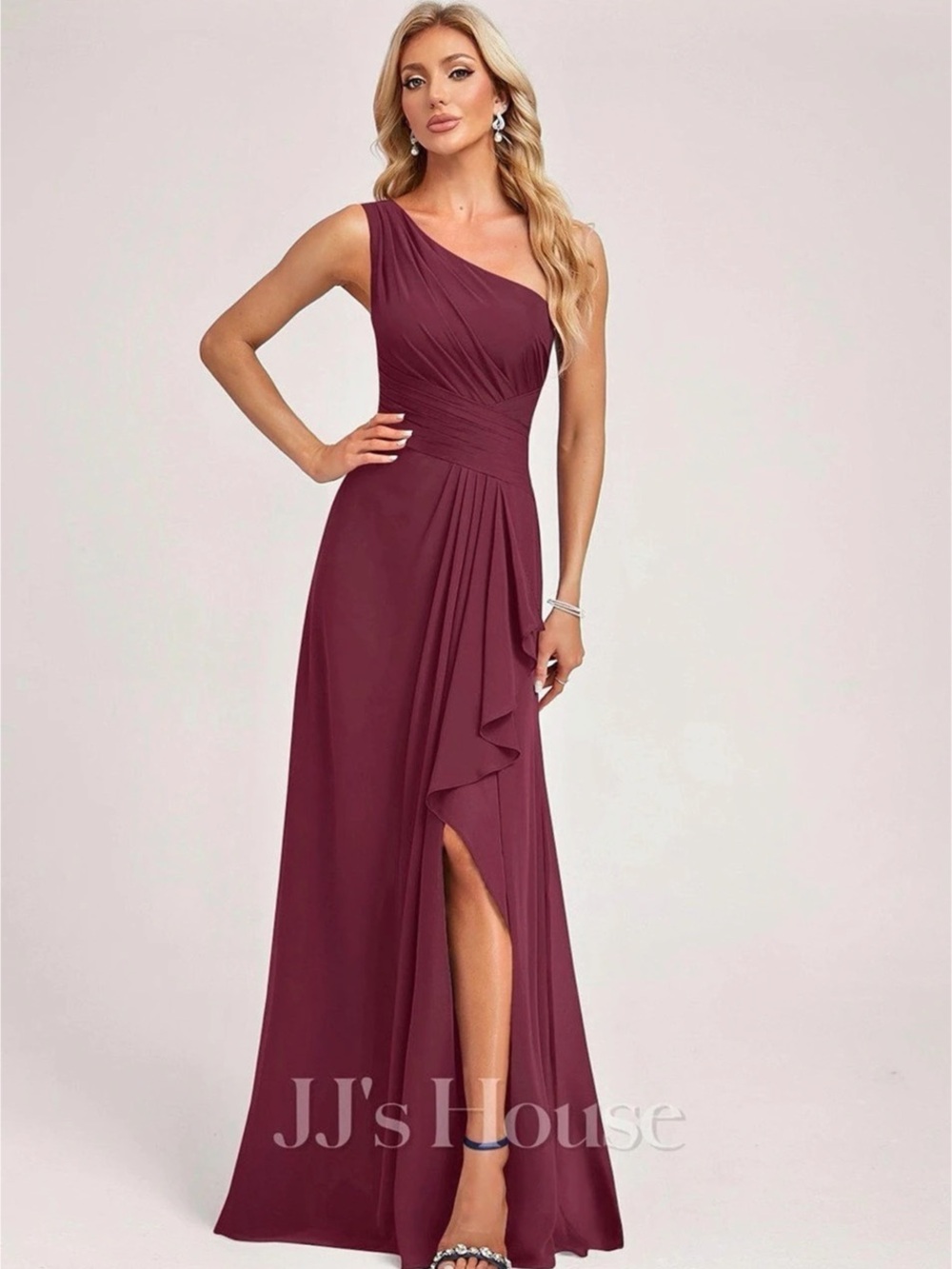 JJ's House Yanoula A-line One Shoulder Ruffle Chiffon Bridesmaid Dress Burgundy